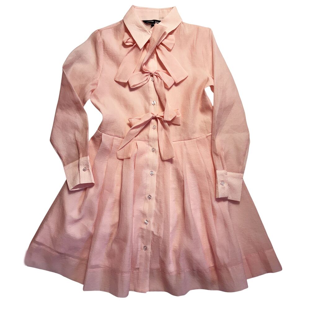 Sister Jane Pink Bow Sheer Organza Mini Shirt Dress Lined Skirt Size S
